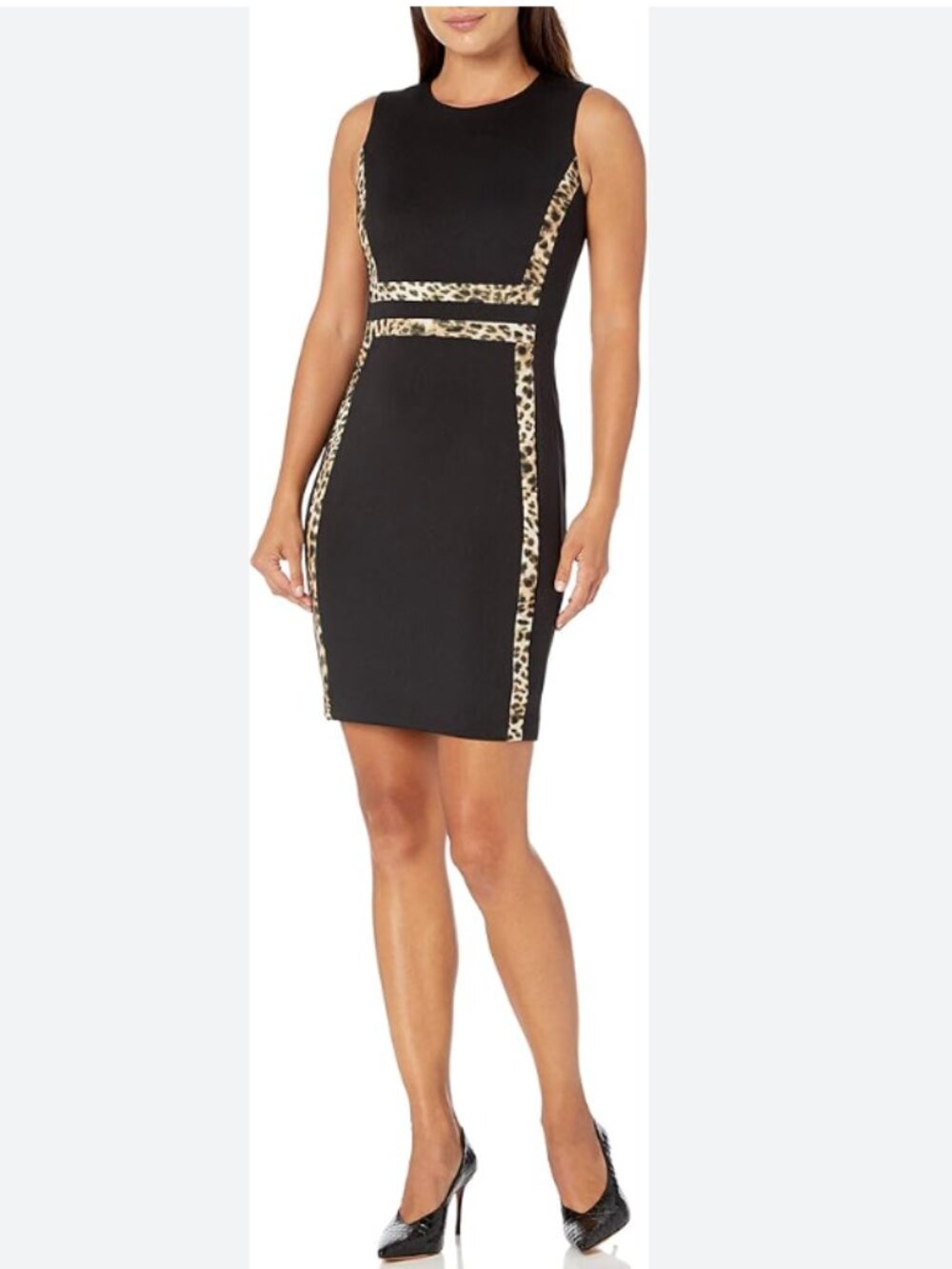 NWT Calvin Klein Black Leopard Scuba style Sheath Dress with Leopard Trim - Picture 2 of 15